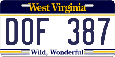 WV license plate DOF387