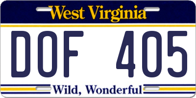 WV license plate DOF405