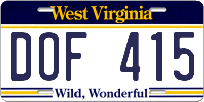 WV license plate DOF415