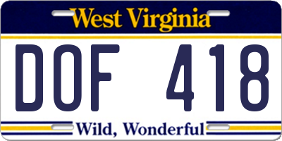 WV license plate DOF418