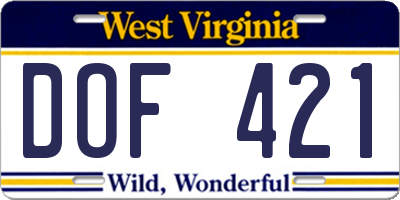 WV license plate DOF421