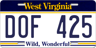 WV license plate DOF425