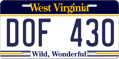 WV license plate DOF430