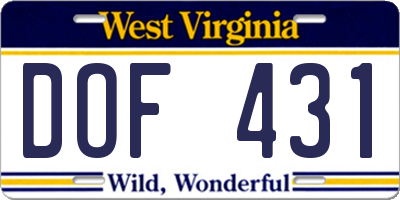 WV license plate DOF431