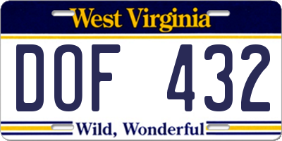 WV license plate DOF432