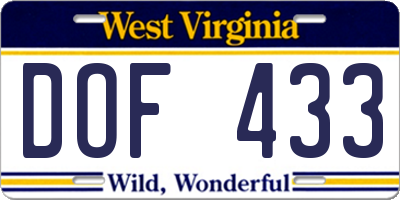 WV license plate DOF433
