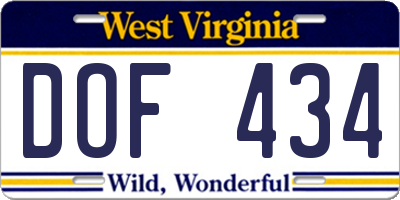WV license plate DOF434