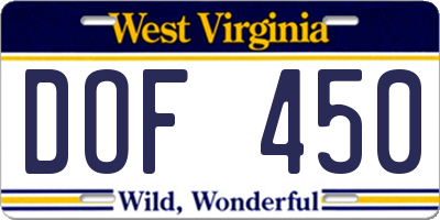 WV license plate DOF450