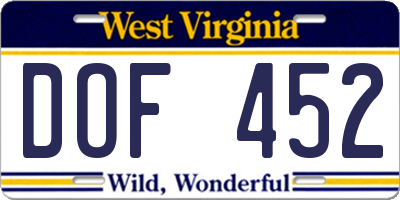 WV license plate DOF452