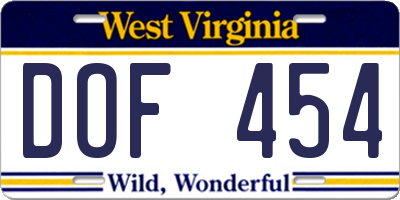 WV license plate DOF454