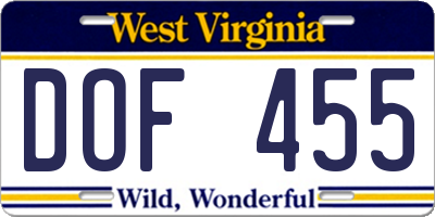 WV license plate DOF455