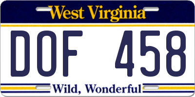 WV license plate DOF458