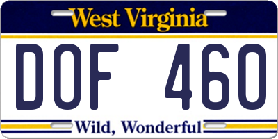 WV license plate DOF460