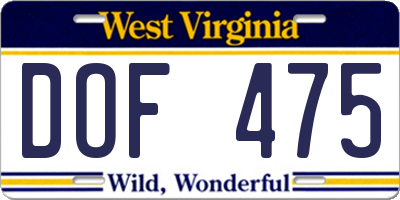 WV license plate DOF475