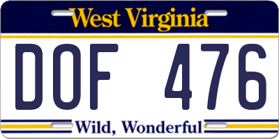 WV license plate DOF476