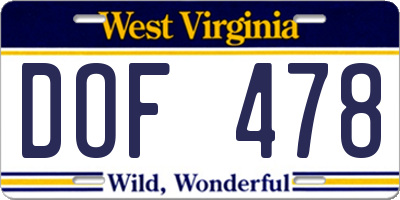 WV license plate DOF478