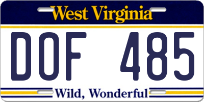 WV license plate DOF485