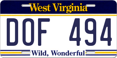 WV license plate DOF494