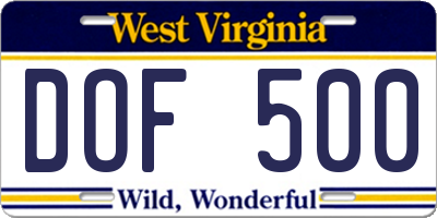 WV license plate DOF500