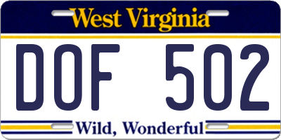WV license plate DOF502