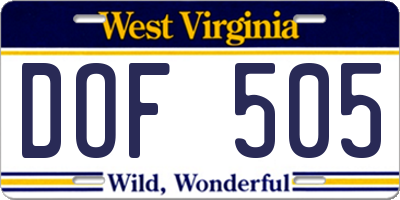 WV license plate DOF505