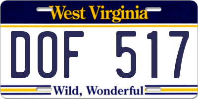 WV license plate DOF517