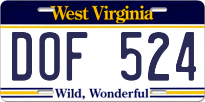 WV license plate DOF524