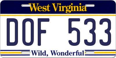 WV license plate DOF533