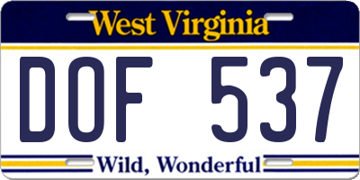 WV license plate DOF537