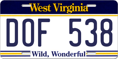 WV license plate DOF538