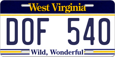 WV license plate DOF540