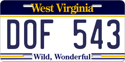 WV license plate DOF543