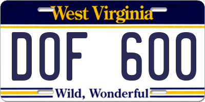 WV license plate DOF600
