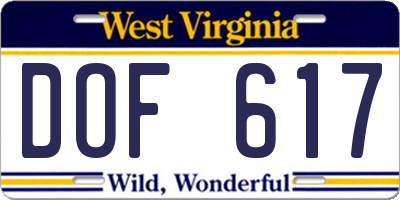 WV license plate DOF617