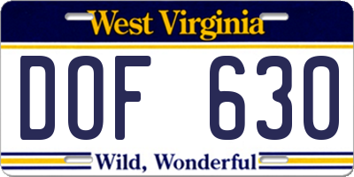 WV license plate DOF630