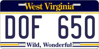 WV license plate DOF650