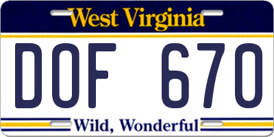 WV license plate DOF670