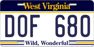 WV license plate DOF680