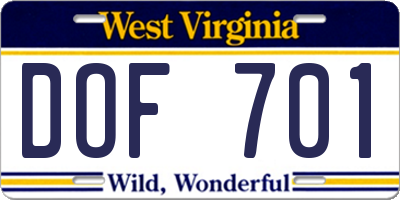 WV license plate DOF701