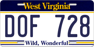 WV license plate DOF728
