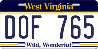 WV license plate DOF765