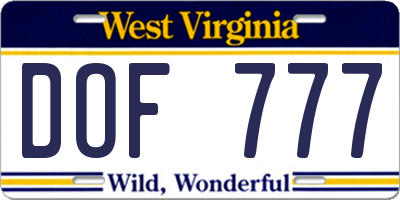 WV license plate DOF777