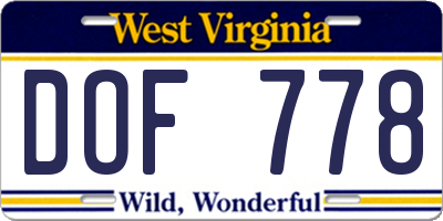 WV license plate DOF778