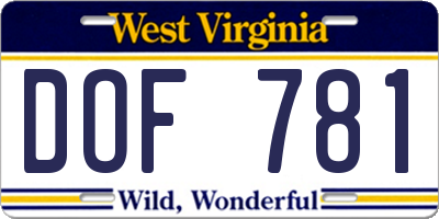 WV license plate DOF781