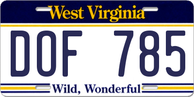 WV license plate DOF785