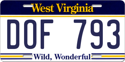 WV license plate DOF793