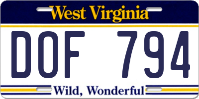 WV license plate DOF794