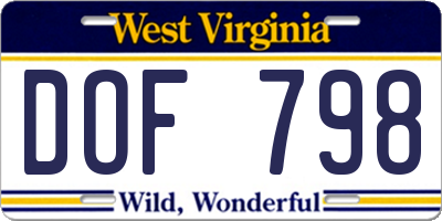 WV license plate DOF798
