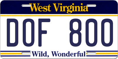 WV license plate DOF800