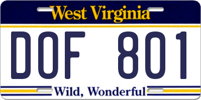 WV license plate DOF801